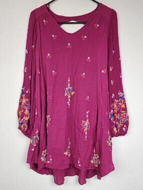 Free People Embroidered XS Long Sleeve Red Boho Dress
